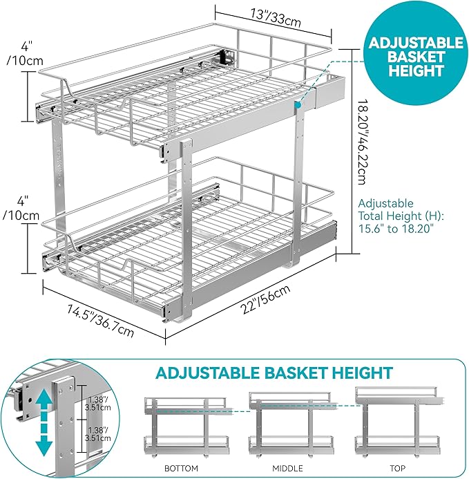 2 Tier Pull Out Cabinet Organizer 14" W X 22" D, Slide Out Drawers For Kitchen Cabinets, Pull Out Drawers For Cabinets Capacity Heavy Duty Caddy, Cabinet Pullout Shelves Chrome-Plated,Bathroom Pantry - Image 2