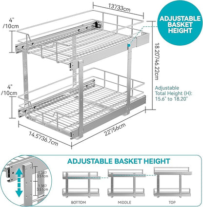 2 Tier Pull Out Cabinet Organizer 14" W X 22" D, Slide Out Drawers For Kitchen Cabinets, Pull Out Drawers For Cabinets Capacity Heavy Duty Caddy, Cabinet Pullout Shelves Chrome-Plated,Bathroom Pantry - Image 2