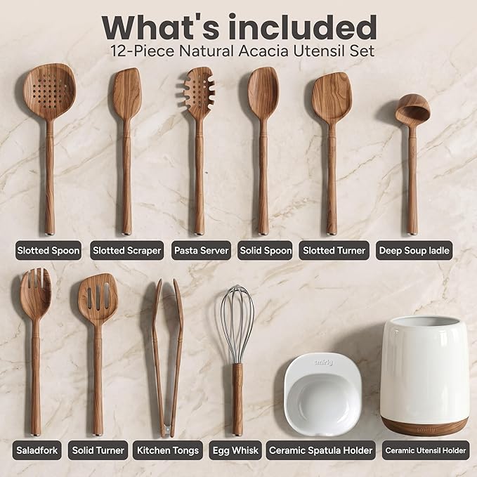 Wooden Spoons for Cooking - 12-Piece Premium Acacia Wood Utensil Set with Elegant Ceramic Holder & Spoon Rest, Non-Scratch Cooking Utensils Set for Nonstick Cookware, Luxury Kitchen Gift Set [Acacia]