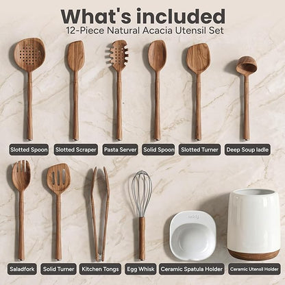 Wooden Spoons for Cooking - 12-Piece Premium Acacia Wood Utensil Set with Elegant Ceramic Holder & Spoon Rest, Non-Scratch Cooking Utensils Set for Nonstick Cookware, Luxury Kitchen Gift Set [Acacia]