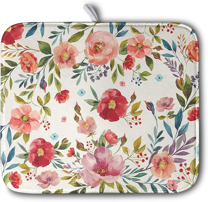 Floral Dish Drying Mat for Kitchen Counter Absorbent Microfiber Dishes Drying Pad Cute Flowers Dish Drainer Rack Mats Washable Coffee Sink Mat 16x18 Inch by Kwlegh
