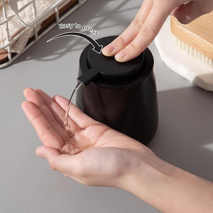 Enra Black Soap Dispenser,12 oz Ceramic Hand Lotion Dispenser, Refillable Dish Soap Dispenser,Modern Liquid Soap Dispenser for Bathroom,Kitchen with Easy-to-Press Pump(Black Liquid Type)