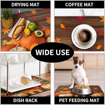AutumnThanksgiving Pumpkin Dish Drying Mat for Kitchen Counter 18x24 Inch Fall Sunflowers Maple Leaves Harvest Kitchen Drying Mat Microfiber Super Absorbent Dish Rack Drainer Mat with Hanging Loop - Image 7