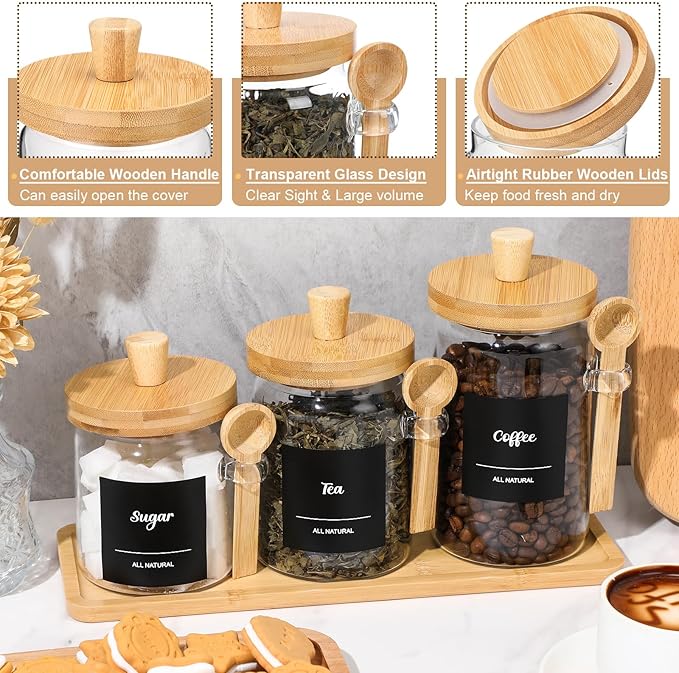 Suclain 3 Pcs Glass Coffee Container with Wooden Lid Spoon Shelf Labels Clear Airtight Jar Food Storage Canister Set for Sugar Spice Coffee Bean Holder Housewarming Gift(13.5,20,25 oz,Natural Bamboo) - Image 3