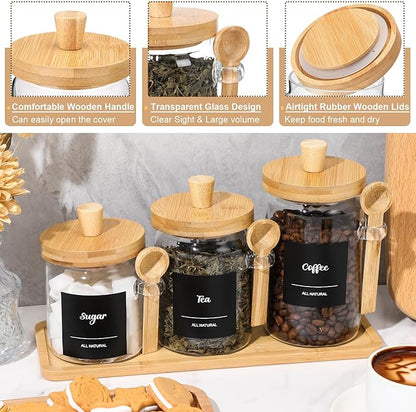 Suclain 3 Pcs Glass Coffee Container with Wooden Lid Spoon Shelf Labels Clear Airtight Jar Food Storage Canister Set for Sugar Spice Coffee Bean Holder Housewarming Gift(13.5,20,25 oz,Natural Bamboo) - Image 3