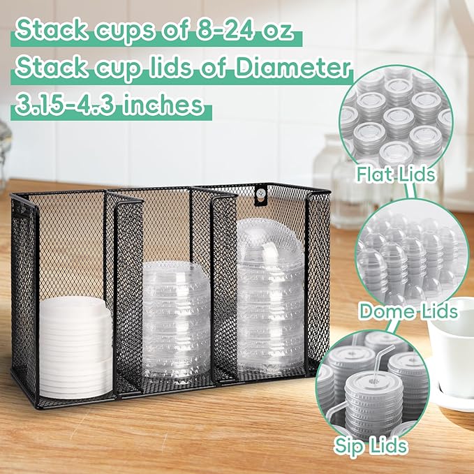 Wall Mount Coffee Cup Lid Holder Organizer 3 Compartments Coffee Cup Lid Dispenser Black Metal Mesh Disposable Cup and Lid Storage for 8-24 Oz Capacity Cup Lid Kitchen Restaurant Coffee Bar Office - Image 4