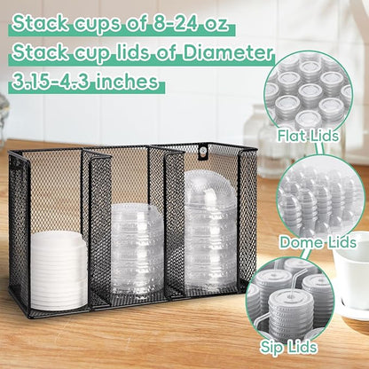 Wall Mount Coffee Cup Lid Holder Organizer 3 Compartments Coffee Cup Lid Dispenser Black Metal Mesh Disposable Cup and Lid Storage for 8-24 Oz Capacity Cup Lid Kitchen Restaurant Coffee Bar Office - Image 4