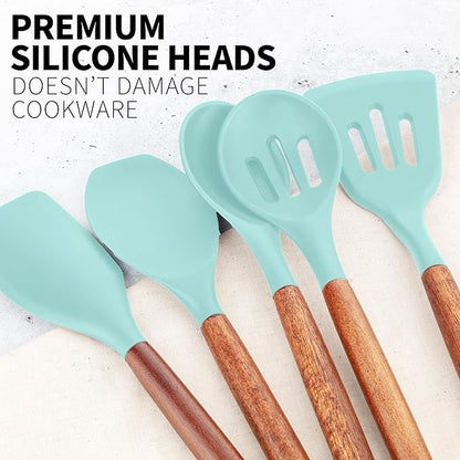 Zulay Kitchen Non-Stick Cooking Utensils Set with Authentic Acacia Wood Handles – 5-Piece Durable & Stylish Silicone Kitchen Utensils Set – Heat Resistant to 464°F – Aqua - Image 9