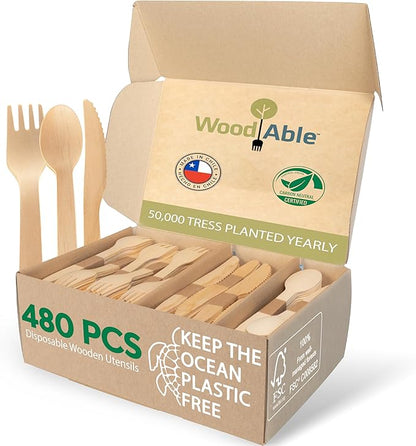 Disposable Wooden Cutlery Set - 100% Home Compostable - 480 Mix (240 Forks, 80 Spoons and 160 Knives) 6.5", Bamboo Utensils Alternative, Eco-Friendly, Organic, Sustainable and Carbon Neutral Certified by WoodAble