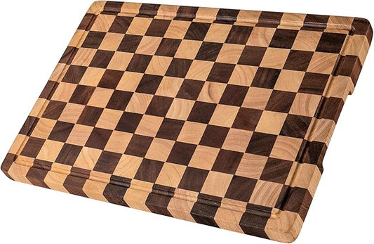 Checkered Cutting Boards for Kitchen, Wooden Chopping Board with Juice Grooves & Handles, Acacia Decorative Cutting Board Butcher Block Serving Tray with Gift Box, 16.5" x 11.6" x 0.8" by FyctioHome