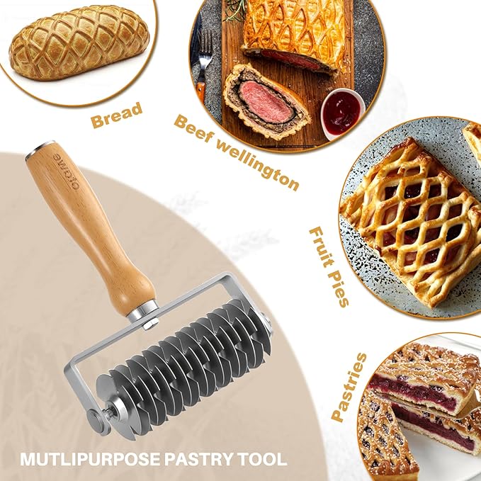 Lattice Pastry Cutter – Stainless Steel Roller Cutter with Wooden Handle for Pie, Beef Wellington, Pastry & Bread – Easy Lattice Pattern – Otawe