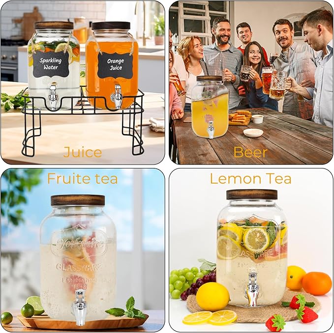 Glass Drink Dispensers For Parties, 2 PACK 1 Gallon Beverage Dispenser With Wooden Lids, Metal Stand And Spigot 100% Leak proof. Lemonade Dispenser With Chalk board - Image 4