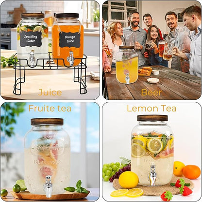 Glass Drink Dispensers For Parties, 2 PACK 1 Gallon Beverage Dispenser With Wooden Lids, Metal Stand And Spigot 100% Leak proof. Lemonade Dispenser With Chalk board - Image 4