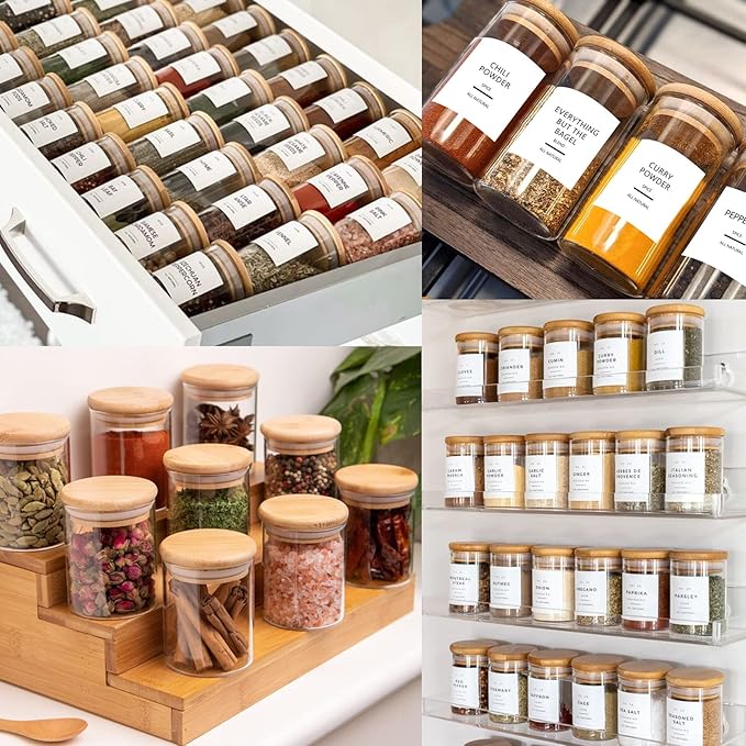 GPOVVIMX 12 Pcs Glass Spice Jars with Bamboo Airtight Lids and 191 Labels - 8.5oz Small Food Storage Containers for Kitchen, Seasoning, Coffee, Herb - Spoon and Marker Included - Image 6