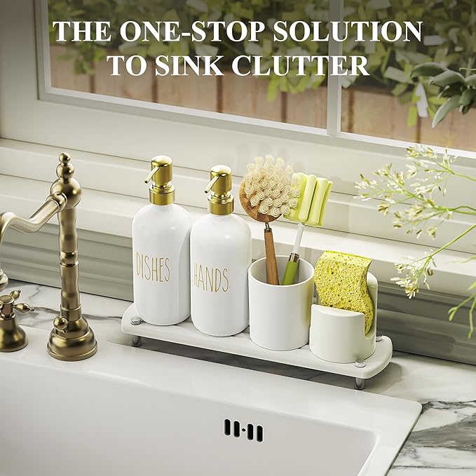 Cisily Kitchen Soap Dispenser Set Comes with Ceramics Sponge Holder, Gold Pumps, and Instant Dry Tray, Hand and Dish Soap Dispenser Set (5, Gold + White + Brush Holder + Sponge Holder) - Image 4