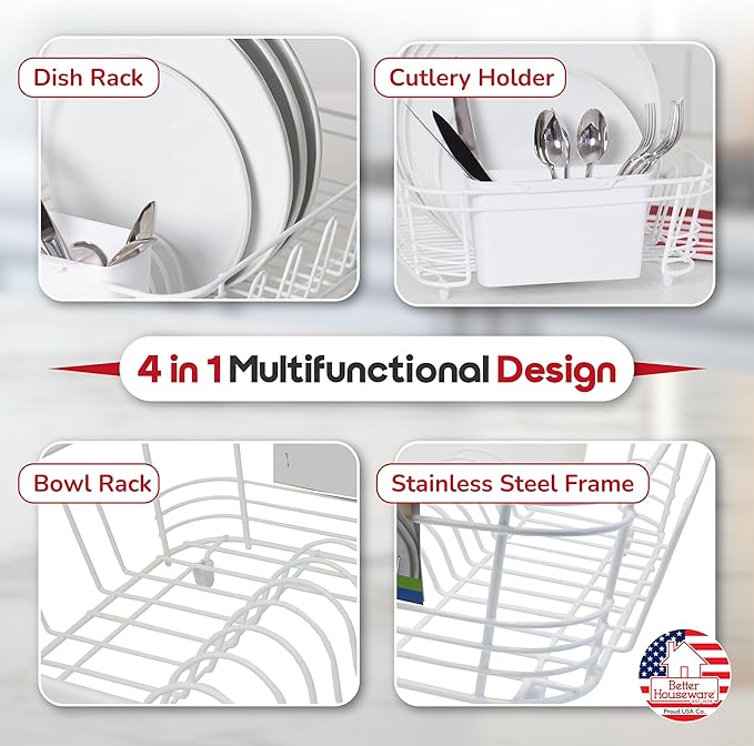 Better Houseware Dish Drying Rack, Space-Saving Dish Drainer Rack for Kitchen Counter, Coated Steel Kitchen Dish Strainer 2-Piece Set with Utensil Holder, White - Image 3