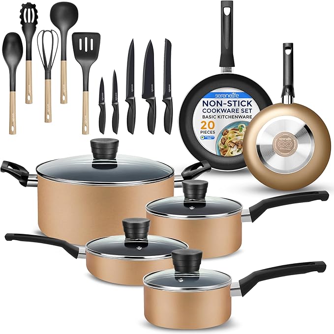 SereneLife 20 pc Basic Kitchenware Set - Durable Non-Stick Pots & Pans with Tempered Glass Lids, Utensils, Knife Set, Gold - SLCW20GLD by SereneLife