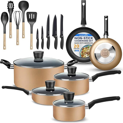 SereneLife 20 pc Basic Kitchenware Set - Durable Non-Stick Pots & Pans with Tempered Glass Lids, Utensils, Knife Set, Gold - SLCW20GLD by SereneLife