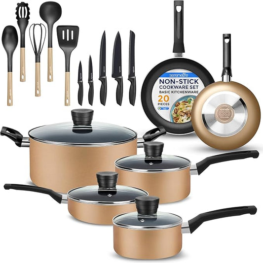 SereneLife 20 pc Basic Kitchenware Set - Durable Non-Stick Pots & Pans with Tempered Glass Lids, Utensils, Knife Set, Gold - SLCW20GLD by SereneLife