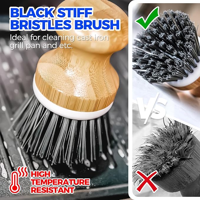 Holikme Bamboo Palm Brush Dish Brushes Vegetable Scrubber Round Natural Scrub Brush Cleaning Kit for Cleaning Saucepans, Pots, Pans and Vegetables, White Yellow Black - Image 4