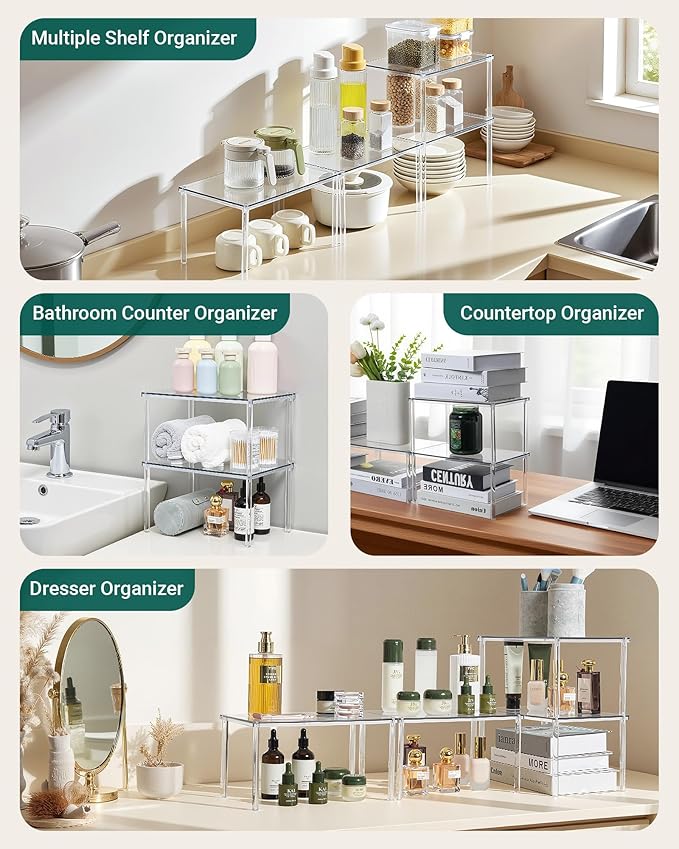 Bobomoment Acrylic Cabinet Organizer, Set of 4 Spice Rack Organizer for Cabinet, Desk Countertop Shelf Organizer, Pantry Kitchen Storage and Organization, Stackable Shelves House Essentials for Gift - Image 2