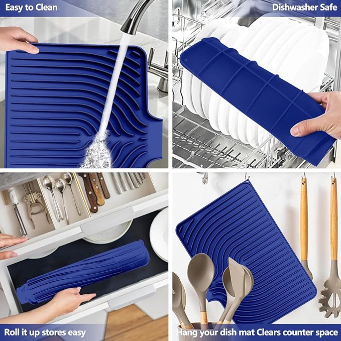 Dish Drying Mat for Kitchen Counter, with Built-in Drain Lip, Food-Grade Silicone, Easy Clean Pad for Countertop Protection, Multi-Functional Use (18x11.8, Midnight Blue) - Image 5