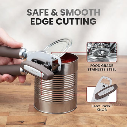 Zulay Kitchen Heavy Duty Stainless Steel Can Opener Manual with Bottle Opener - Rust Proof Manual Can Opener With Turn Knob & Comfy Soft Grip Handles - Brown - Image 4