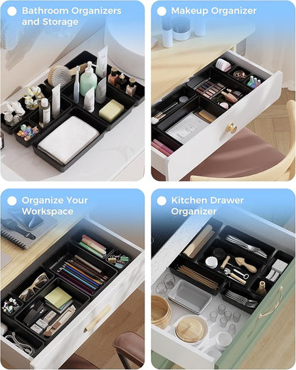 BiuLeon 25 PCS Plastic Drawer Organizers Set, 4-Sizes Vanity and Makeup Organizer, Desk and bathroom Drawer Organizer Trays, Organizers and Storage for Makeup, Jewelry, Gadgets, Utensils (Black) - Image 7