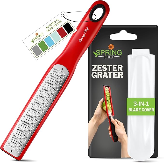 Spring Chef Premium Red Lemon Zester Grater with Handle - Fruit, Garlic, Citrus, Nutmeg, Orange Zester Tool - Heavy Duty Kitchen Shredder - Stainless Steel Ginger Grater with Blade Cover - Fine Shred by SpringChef