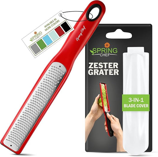 Spring Chef Premium Red Lemon Zester Grater with Handle - Fruit, Garlic, Citrus, Nutmeg, Orange Zester Tool - Heavy Duty Kitchen Shredder - Stainless Steel Ginger Grater with Blade Cover - Fine Shred by SpringChef