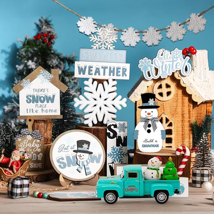 Vintage Blue Christmas Truck Decor – 4.9″Retro Die-Cast Metal Pickup with Snowman and Christmas Tree Figurines for Xmas Town Village Accessories Set Display Home indoor Decoration Gift(Xmas-Blue)