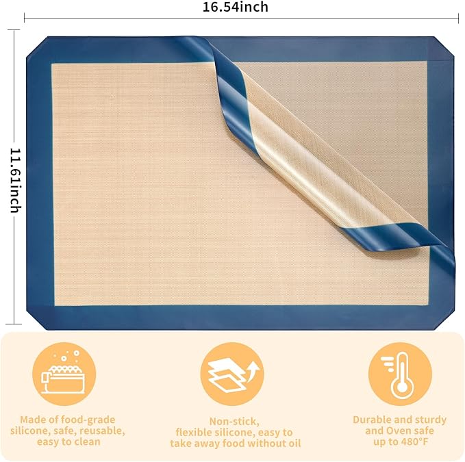 Luckyiren 2-Pack Silicone Baking Mats – Non-Stick Reusable BPA-Free Oven Liners, 100% Food-Grade Silicone, Fit Half Sheet Pans (16.54" x 11.62") for Cookies, Pastry & More, Coffee with Deep Blue Edge