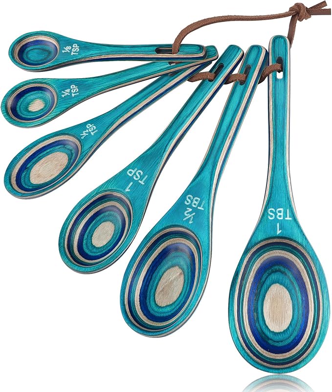 6pcs Measuring Spoons Set, Unique Pakkawood Measuring Spoons Includes 1/8 tsp, 1/4 tsp, 1/2 tsp, 1 tsp, 1/2 tbsp & 1 tbsp for Cooking & Baking, Cute Kitchen Gadgets Gift(Turquoise Blue) by EsieHouzie