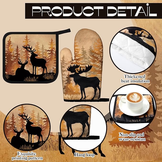 Fourluoo 10 Pcs Farmhouse Kitchen Decor Set 4 Brown Bear Kitchen Towels 2 Forest Wild Animal Pot Holders 2 Rustic Deer Oven Mitts 2 Vintage Forest Wildlife Rug for Cooking Baking Mom Housewarming Gift - Image 5