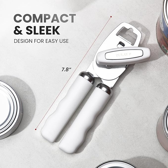 Zulay Kitchen Heavy Duty Stainless Steel Can Opener Manual with Bottle Opener - Rust Proof Manual Can Opener With Turn Knob & Comfy Soft Grip Handles - White - Image 2