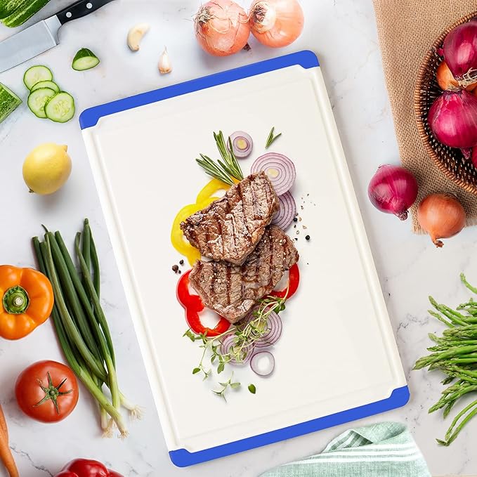 Large Cutting Boards for Kitchen - Dishwasher Safe Non-Slip Cutting Boards with Juice Grooves, Easy Grip Handles - Large and Thick Chopping Board Blue - Image 4