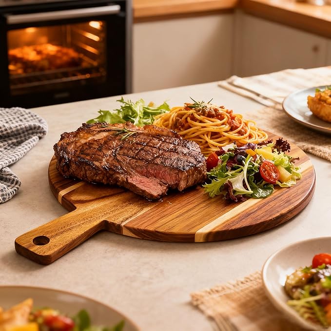 Large Acacia Wood Cutting Board with Handle 17''X13'', Charcuterie Board, Serving Board, Chopping Board for Meat, Cheese, Bread, Vegetables & Fruits (Round) - Image 5