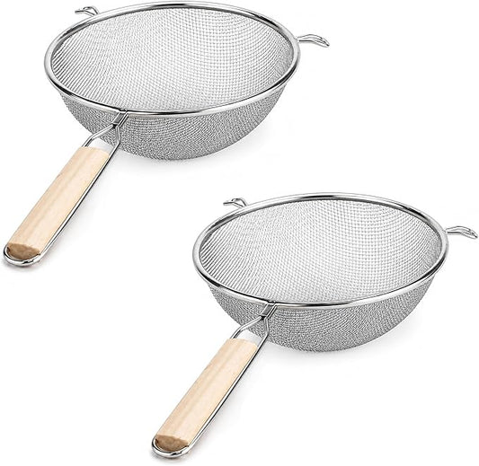 Huji Stainless Steel Fine 8" Double Mesh Food Strainer Colander Sieve Sifter with Wooden Handle for Kitchen Rice Pasta Noodles (2 Pack) by HUJI