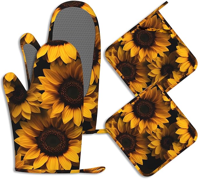 Spring Sunflowers Oven Mitts and Pot Holders Sets of 4 Yellow Flowers Heat Resistant Silicone Oven Mits Gloves Non-Slip Kitchen Mittens Potholders for Cooking Baking Grilling BBQ