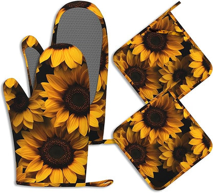 Spring Sunflowers Oven Mitts and Pot Holders Sets of 4 Yellow Flowers Heat Resistant Silicone Oven Mits Gloves Non-Slip Kitchen Mittens Potholders for Cooking Baking Grilling BBQ