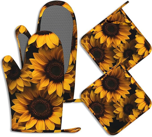 Spring Sunflowers Oven Mitts and Pot Holders Sets of 4 Yellow Flowers Heat Resistant Silicone Oven Mits Gloves Non-Slip Kitchen Mittens Potholders for Cooking Baking Grilling BBQ