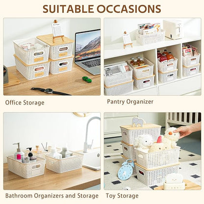 8 Pack Plastic Storage Bins with Bamboo Lids - Stackable Storage Baskets with Handle for Pantry Organizer and Storage, Plastic Containers Bins Lidded Storage Bins for Classroom Office Shelves