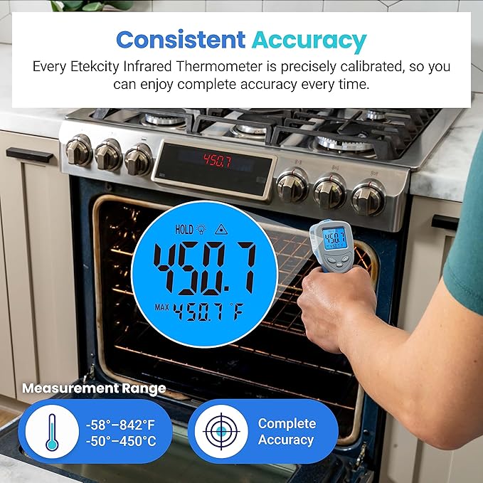 Etekcity Infrared Thermometer Upgrade 774, Heat Temperature Temp Gun for Cooking, Laser IR Surface Tool for Pizza, Griddle, Grill, HVAC, Engine, Accessories, -58°F to 842°F, Blue - Image 7
