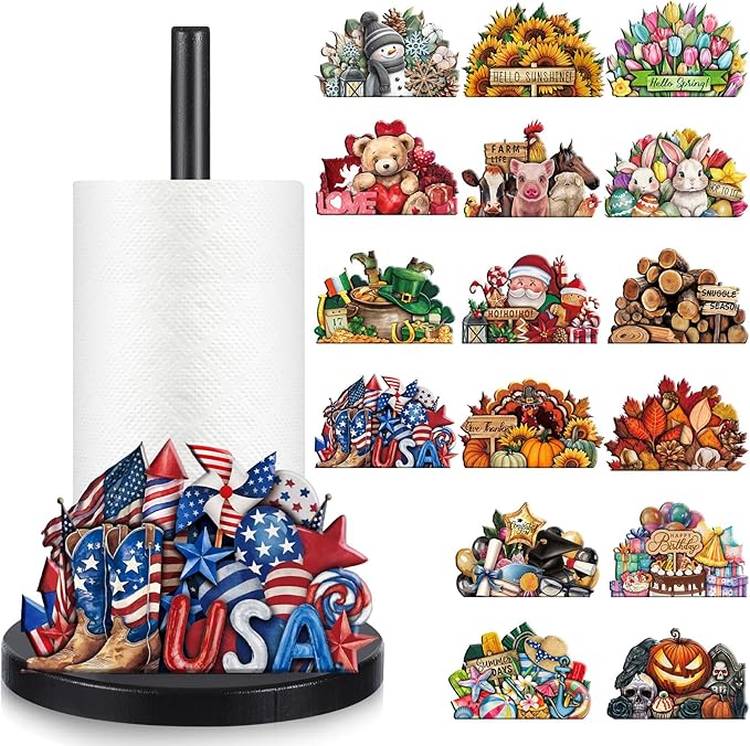 LemonRoad 17 Pcs Memorial Day Holiday Interchangeable Kitchen Paper Towel Holder Wooden Sunflower 4th of July Seasonal Countertop Paper Towel Holder with Holiday Sign for Home Bathroom(Fresh) by Unknown
