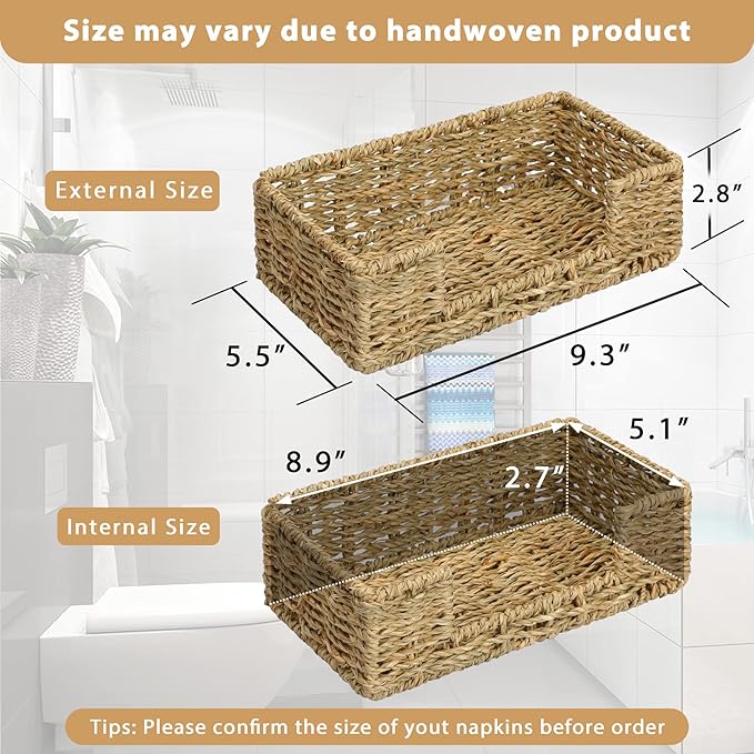 Graciadeco Bathroom Disposable Guest Towel Napkin Holder Long Seagrass Woven Rattan Wicker Table Dinner Paper Hand Guest Towel Napkin Basket Tray Caddy for Kitchen