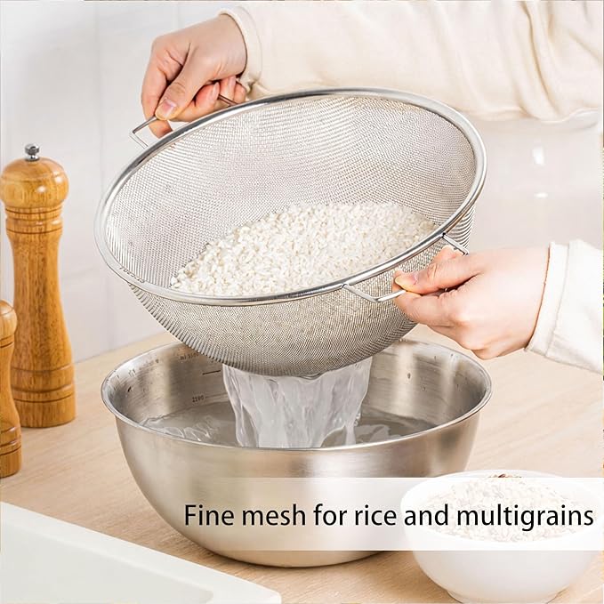 304 Stainless Steel Kitchen Colander Set, 3.5QT Colander with Handle and Bowl, 40 Mesh Fine Strainer, Fast Draining for Rice, Pasta, Fruits & Vegetables, Dishwasher Safe