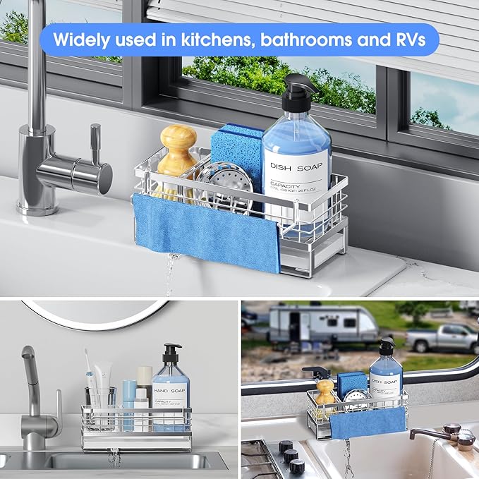 Kitchen Sink Sponge Holder - Self-Draining, Detachable Dish Cloth Holder, Rustproof Kitchen Countertop Organizer (Stainless Steel) - Image 8
