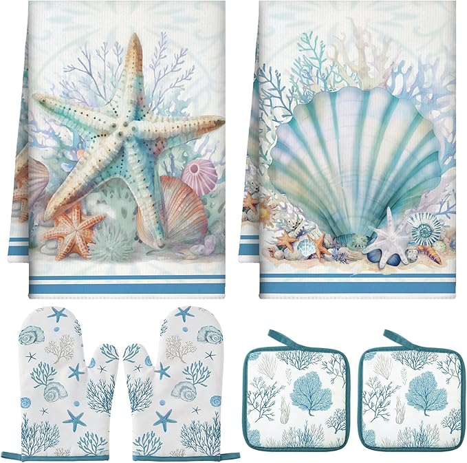 Jingmore 6 Pcs Kitchen Decor Set Accessorie Farmhouse Kitchen Towels Pot Holders and Oven Mitts Set 2 Dish Towels 2 Pot Holders 2 Cooking Mitten Oven Glove for Cooking(Blue,Coastal Starfish Shells) by Jingmore
