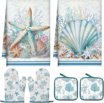 Jingmore 6 Pcs Kitchen Decor Set Accessorie Farmhouse Kitchen Towels Pot Holders and Oven Mitts Set 2 Dish Towels 2 Pot Holders 2 Cooking Mitten Oven Glove for Cooking(Blue,Coastal Starfish Shells) by Jingmore