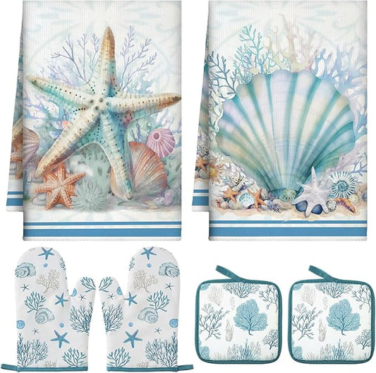 Jingmore 6 Pcs Kitchen Decor Set Accessorie Farmhouse Kitchen Towels Pot Holders and Oven Mitts Set 2 Dish Towels 2 Pot Holders 2 Cooking Mitten Oven Glove for Cooking(Blue,Coastal Starfish Shells) by Jingmore